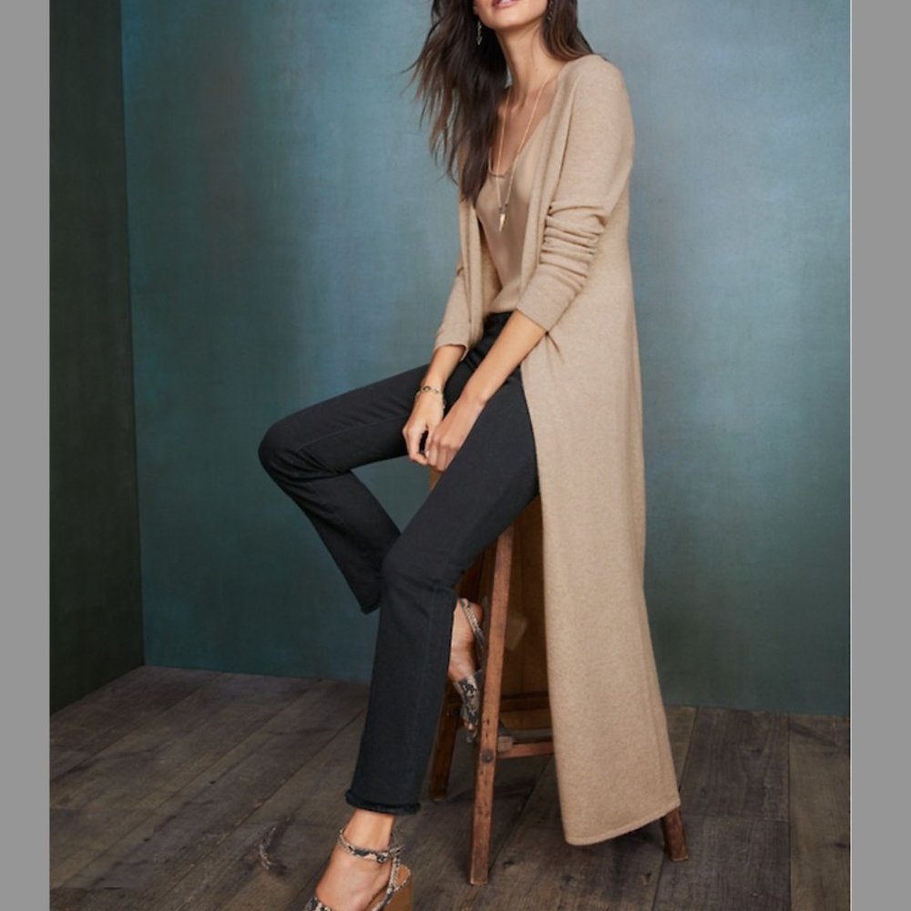 Garnet Hill 100% Cashmere Long Open Front Duster Cardigan with Pockets